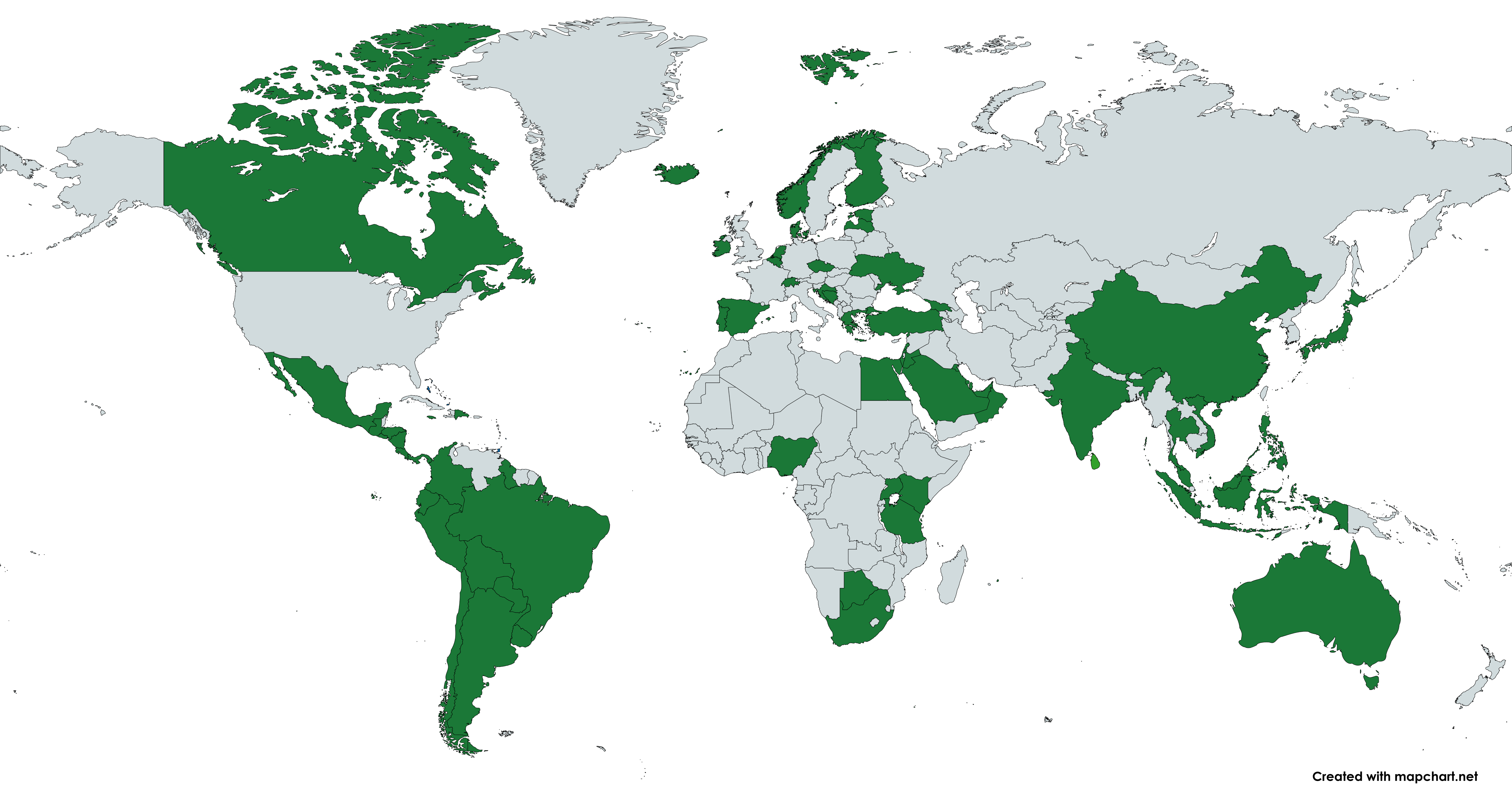 World map with selected markets highlighted in green across Latin America, Canada, Europe, the Middle East, Africa, Asia and Australia. The highlights represent professional market experience, not office locations or current distribution coverage.